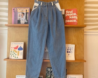 Vintage 90’s TOGETHER High Waisted Tapered Leg Jeans 25” Waist white denim details