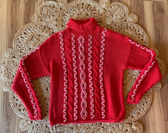 Vintage 90’s cable knit sweater turtleneck red and white peppermint