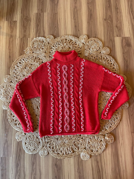 Vintage 90’s cable knit sweater turtleneck red an… - image 1