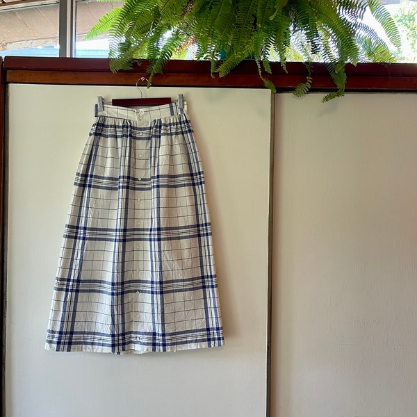 1980's Midi Length White and Blue Plaid Skirt Cotton with Pockets 26" waist