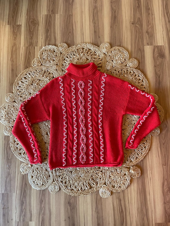 Vintage 90’s cable knit sweater turtleneck red an… - image 6