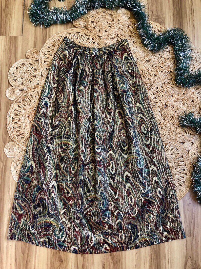 Women/'s 80\u2019s Caroline Charles London Designer vintage maxi Skirt Gold Colorful Paisley Metallic Party Skirt 29 Waist Neiman Marcus