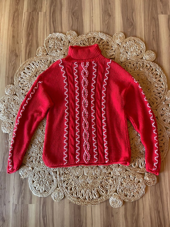 Vintage 90’s cable knit sweater turtleneck red an… - image 3