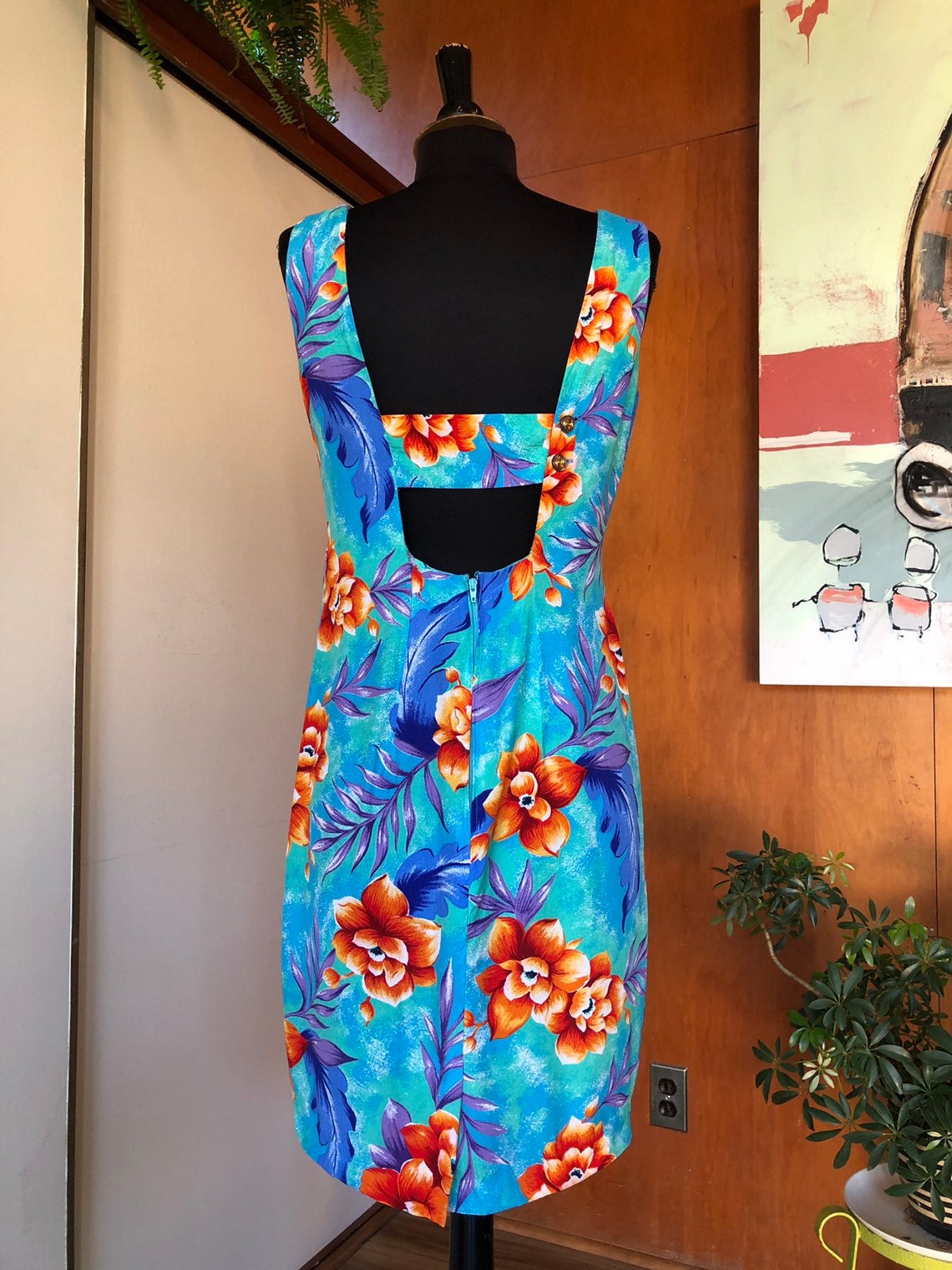 Vintage 90s Tropical Print Open Back Dress Size 8 Rayon Floral - Etsy