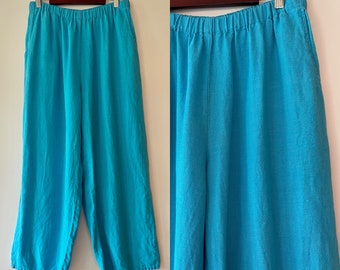 vintage FLAX pantalon large en lin turquoise court taille moyenne classique