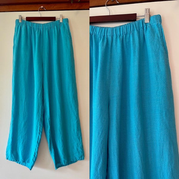 Vintage FLAX turquoise linen wide leg pants cropped size Medium classic