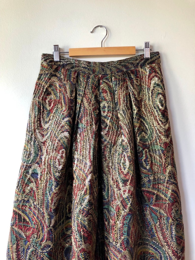 Women/'s 80\u2019s Caroline Charles London Designer vintage maxi Skirt Gold Colorful Paisley Metallic Party Skirt 29 Waist Neiman Marcus
