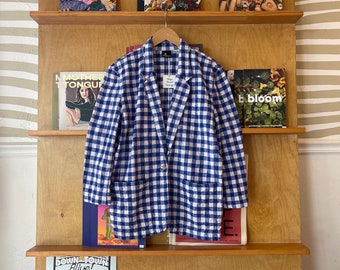 Vintage 90’s Liz Claiborne Lizsport textured cotton plaid blazer size S blue and white