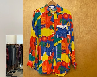 Awesome 90's Primary Colors Novelty Print Blouse Long Sleeve size M rayon