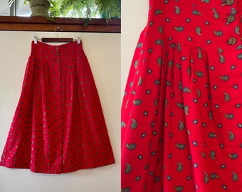 Vintage 90’s Red Paisley Flannel Winter Midi Skirt Rayon Holiday by Susan Bristol 27” waist