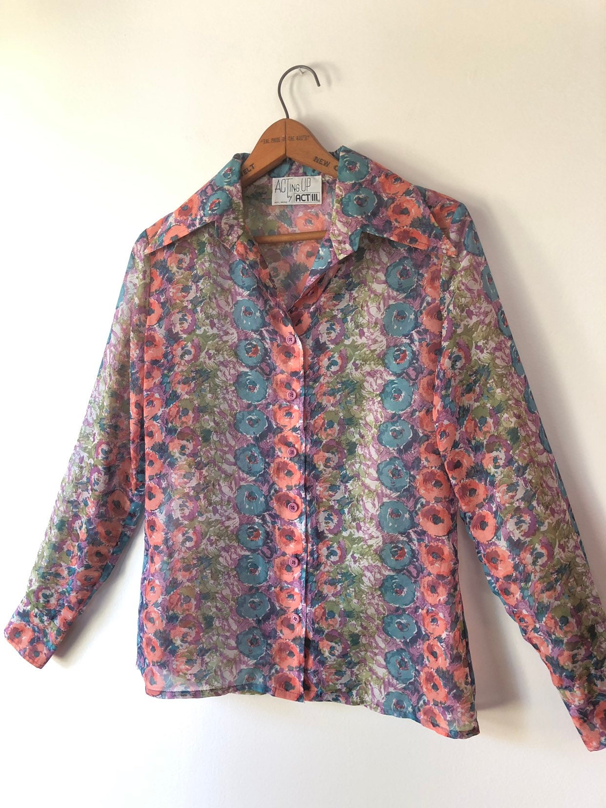 Vintage 70s Sheer Floral Button Up Blouse by Acting Up by Act | Etsy