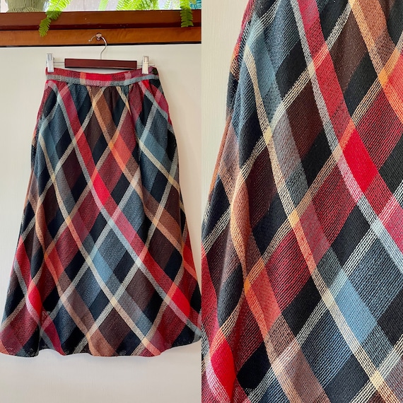 Vintage 80’s colorful plaid skirt textured cotton… - image 1