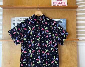 Vintage ESPRIT SPORT bold floral bright short sleeve  button down blouse size S cotton oversized boxy fit