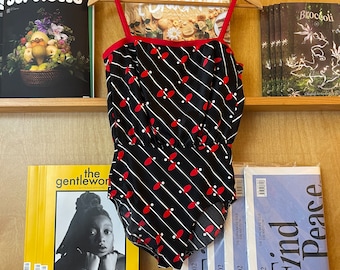 Vintage 80's Black Red and White Print One Piece Swimsuit