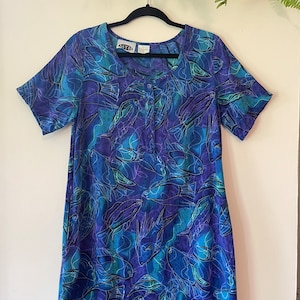 Vintage 90&#39;s Blue Fish Print A-line Dress Cotton Batik short sleeve rayon with pockets