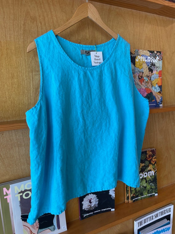 Vintage FLAX Turquoise Linen sleeveless blouse Si… - image 4