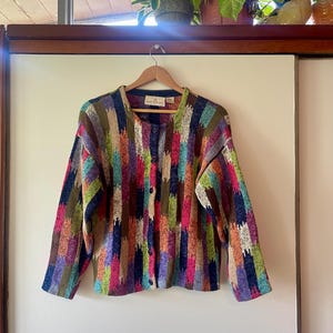 Vintage 90’s Colorful Rainbow Striped Sweater Cardigan Button size L cotton blend