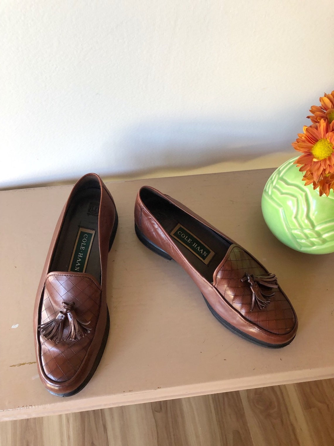 Vintage Cole Haan Woven Cognac Brown Leather Loafers with | Etsy