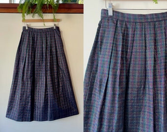 Vintage 80’s colorful plaid metallic midi skirt with pockets