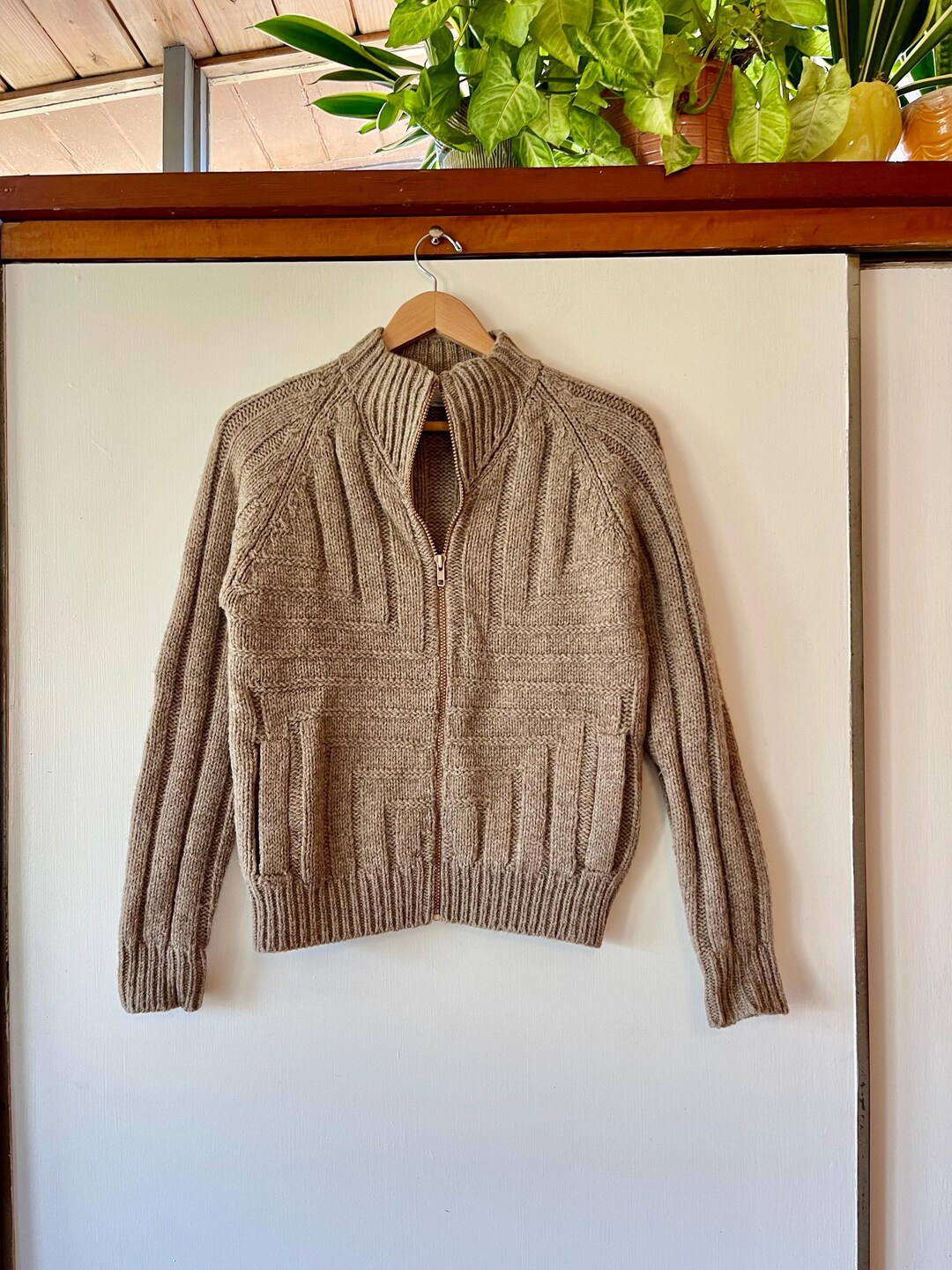 Vintage 70's Textured Knit Chunky Wool Cardigan Sweater Zip
