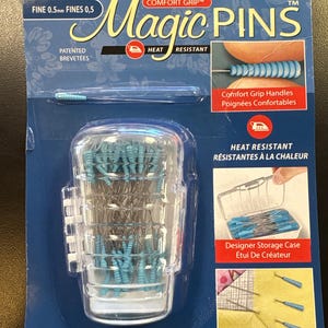 May include: A package of Taylor Seville Originals Magic Pins for quilting. The package includes 50 heat-resistant pins, each 1 3/4 inches long, with comfort grip handles. The package also includes a designer storage case.