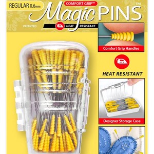 May include: A clear plastic case filled with 50 yellow and silver Magic Pins, labeled "Comfort Grip" and "Heat Resistant". The pins are 1 inch long and come in a designer storage case.