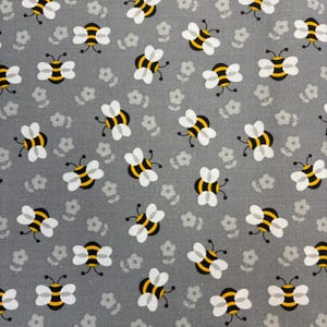 Honey Bee Fabric on Gray Background, 100% Cotton Quilting Fabric