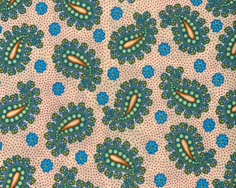 May include: A repeating pattern of teal, orange, and blue paisley shapes on a cream background with small red dots. The paisley designs are surrounded by a teal border and filled with orange and white details. Small blue flower shapes are interspersed.