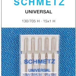 May include: A package of five silver sewing machine needles labeled "SCHMETZ UNIVERSAL 130/705 H 15x1 H 80/12".