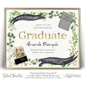 Greenery pioneer service school graduation certificate template. Personalize as many as you need. Free demo. Pioneer Gifts. Jw Gifts.