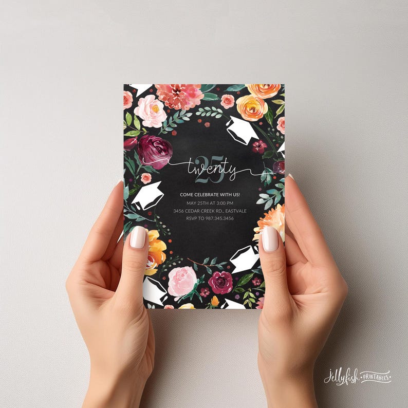 May include: Graduation party invitation with a black background and a floral wreath with white graduation caps. The text reads "twenty" and includes the date, time, address, and RSVP information.