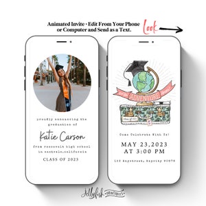Könnte beinhalten: Eine digitale Graduationseinladung mit einem Foto einer Absolventin in Kappe und Robe. Die Einladung ist so gestaltet, dass sie wie ein Smartphone-Bildschirm aussieht und enthält den Text "proudly announcing the graduation of Katie Carson from Roosevelt High School in Eastvale, California. Class of 2023." Die Einladung enthält auch eine Grafik einer Abschluss-Kappe auf einem Globus mit dem Text "Let the Adventure Begin!" und dem Datum und der Uhrzeit der Abschlussfeier.