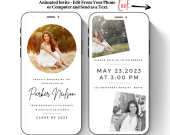 May include: A digital phone screen mockup with a graduation announcement. The announcement is for Parker Neilson, graduating from Roosevelt High School in Eastvale, California. The announcement is for May 23, 2023 at 3:00 PM. The announcement includes a photo of the graduate in a circle.