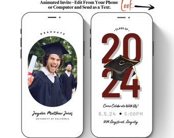 Graduation Invitation Template 2024, Instant Download, Phone Invite Canva, Texting Invitation Grad Party Invite Digital, Unisex, Maroon CP1