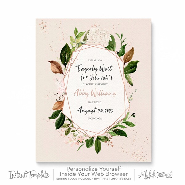 Baptism Print Template for Jehovah’s Witnesses | JW Baptism Gift | Baptism Keepsake | Free Demo | Try It Now! | Greenery | Leaves | Blush