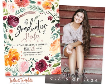 Floral Graduation Party Invitation Template Editable Graduation Announcement College Graduation High School Grad Card FL1