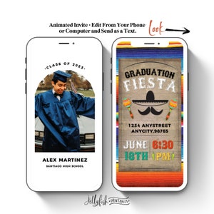 Könnte beinhalten: Eine digitale Einladung zu einer Abschlussfeier mit mexikanischem Fiesta-Thema. Die Einladung zeigt einen braunen Hintergrund mit bunten Streifen, einen Sombrero, Maracas und den Text "Graduation Fiesta". Die Einladung enthält auch den Namen des Absolventen, Alex Martinez, sowie Datum und Uhrzeit der Feier.