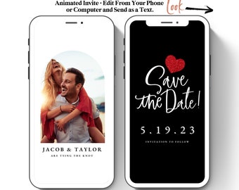 May include: A digital save the date announcement on a black background with a red glitter heart and white text that says "Save the Date!" and "5.19.23" with the text "Invitation to follow" below. The announcement is displayed on a smartphone screen.