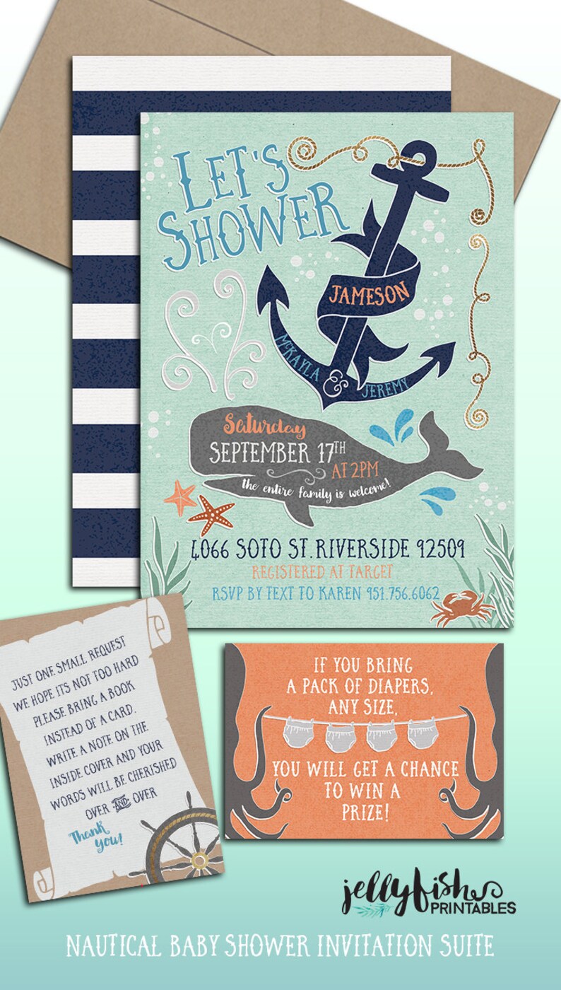 Ocean Nautical Themed Baby Shower Invitation Suite for ...