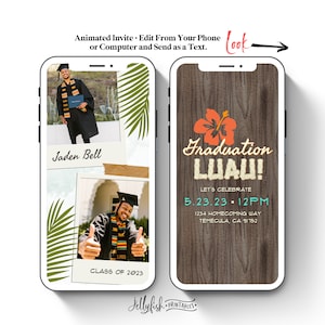 May include: A digital invitation for a graduation luau party. The invitation features a tropical flower, a woodgrain background, and the text "Graduation Luau! Let's Celebrate 5.23.23 12PM 1234 Homecoming Way Temecula, CA 91752".