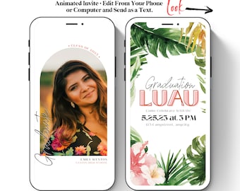 Luau Graduation Invitation Template Digital Download, Phone Invite Canva Invitation Text Message Invite Grad Party Animated Video Palm LU2