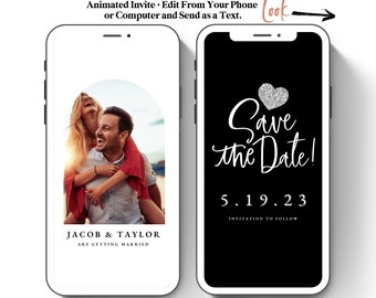May include: A digital save the date announcement on a black background with a silver glitter heart and the text "Save the Date!" with the date "5.19.23" and the text "Invitation to follow".