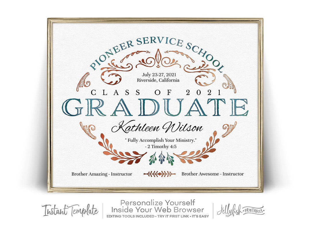 Pioneer Service School Graduation Certificate Template. Etsy