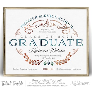 Pioneer service school graduation certificate template. Personalize as many as you need for 1yr. Free demo. Special Pioneer Gifts. Jw Gift.