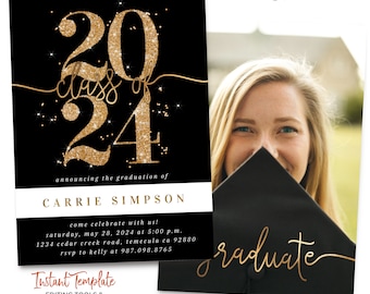 Gold Graduation Party Invitation Template Graduation Announcement College Graduation High School Grad Printed Card