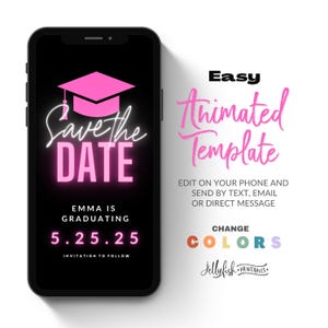Pink Neon Graduation Save the Date | Grad Party Save the Date | Graduation Ceremony | Canva Editable Template | Animated Save the Date Video