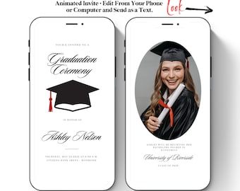 Afstudeerceremonie uitnodiging sjabloon 2023, direct downloaden, telefoon uitnodigen Canva, sms-uitnodiging afstudeerfeest uitnodiging digitaal, uniseks jongens