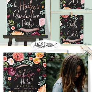 May include: A graduation party invitation with a floral wreath design in shades of pink, red, yellow, and green on a black background. The text reads "Announcing the graduation of Hailee Casten. Come celebrate with us! May 25, 2PM. 1234 Anystreetanycity. RSVP to 909.999.8765."