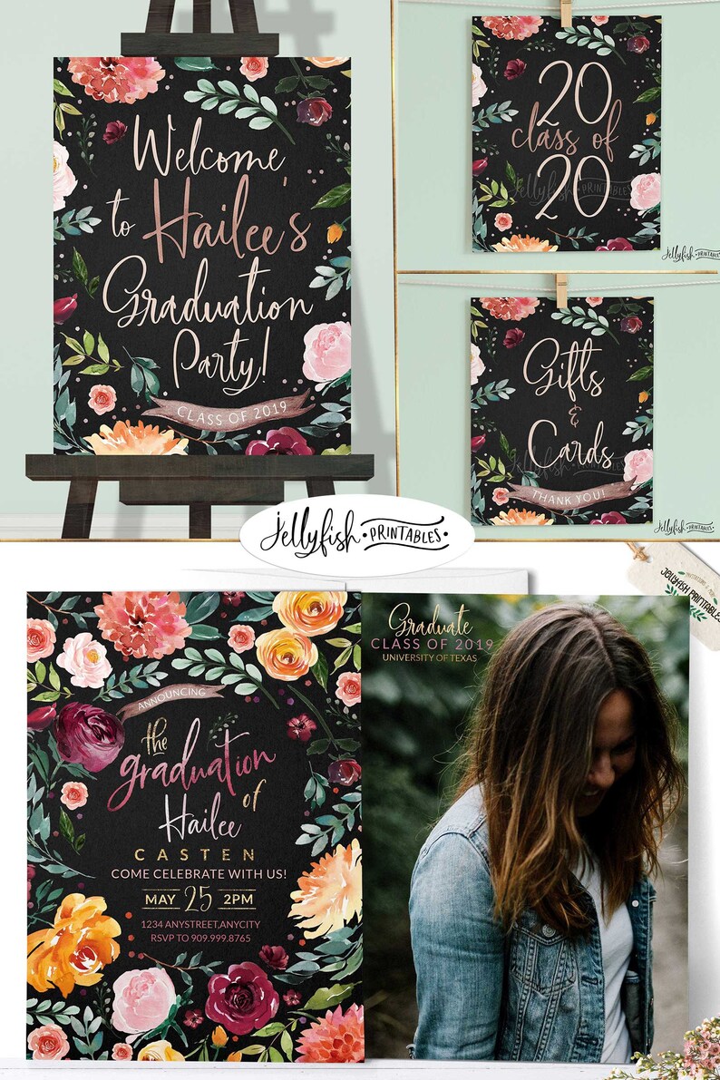 May include: A graduation party invitation with a floral wreath design in shades of pink, red, yellow, and green on a black background. The text reads "Announcing the graduation of Hailee Casten. Come celebrate with us! May 25, 2PM. 1234 Anystreetanycity. RSVP to 909.999.8765."
