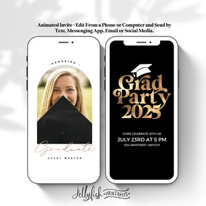 May include: A digital graduation party invitation with a black background and gold text. The text reads "Grad Party 2025" and "Come Celebrate With Us! July 23rd at 5 PM 1234 Anystreet, Anycity". The invitation also features a black and white photo of a graduate in a cap and gown.